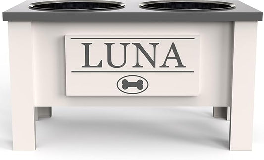 GrooveThis Woodshop - Personalized Elevated Dog Bowl Stand for Large, Medium, Small, X-Small Dogs - Stainless Steel Food and Water Bowls - Raised Dog Dish with Internal Storage (Large, Grey)