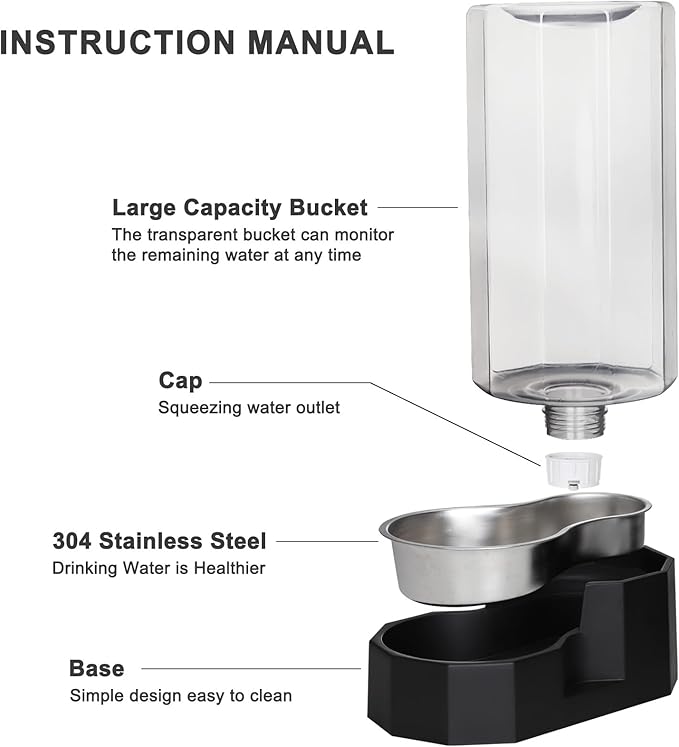 Sfozstra Large Dog Water Dispenser: 9L Automatic Black Water Feeder with Stainless Steel Bowl - Without Filter - Gravity Design for Multiple Pets in Garage Garden - Good for Spinal Health