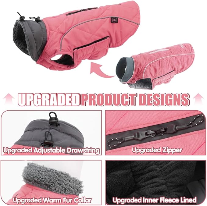 EMUST Dog Winter Coats, Windproof Pet Jackets for Cold Weather with Lofty Collar, Reflective Puppy Clothes for Small Dog Clothes for Dogs, Pink, S