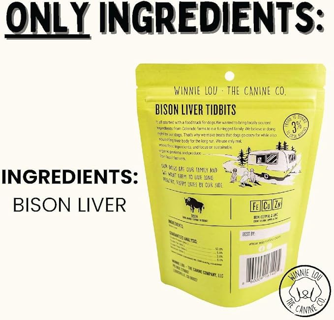 Winnie Lou The Canine Co. Freeze Dried Bison Liver Tidbits - Single Ingredient, Human-Grade, No Artificial Flavors or Fillers, Perfect for Training (Pack of 2)