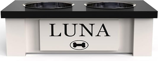 GrooveThis Woodshop - Personalized Elevated Dog Bowl Stand for Large, Medium, Small, X-Small Dogs - Stainless Steel Food and Water Bowls - Raised Dog Dish with Internal Storage (X-Small, Black)