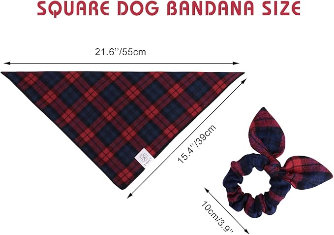 E-Clover Christmas Dog Bandanas & Matching Scrunchie Set Plaid Dog Scarf Bibs Pet Handkerchief for Small Dogs Puppy Owner Gifts Red Blue