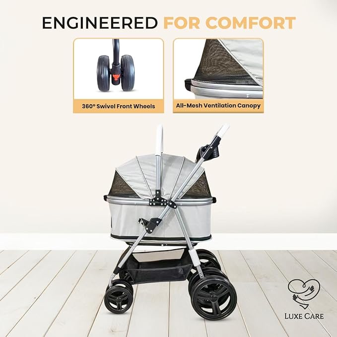 4 Wheel Foldable Pet Stroller - Lightweight Dogs and Cats Stroller Upto 50lbs with Mesh Canopy, Storage Basket and Cup Holder, Durable for Walks and Outings (Medium)