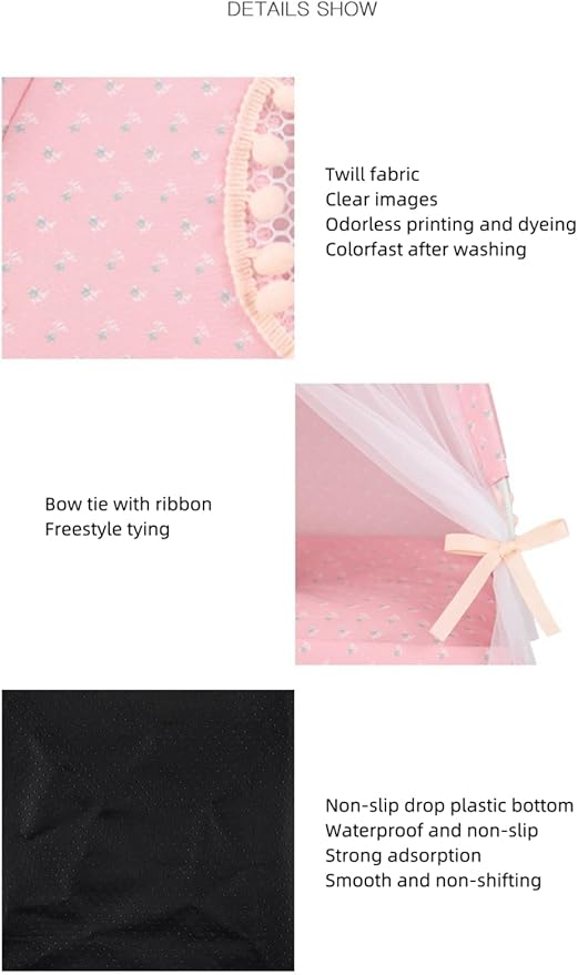 Cat Bed Tents Dog House Indoor Outdoor Lace Mesh Breathable Windows Door Curtains Removable Portable Nest Teepe House (Small,Pink(Flower))