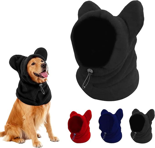 Warm Hooded Hat for Dogs & Cats, Autumn/Winter Wool Pet Headwear with Cute Ears, Adjustable Pet Scarf for Cold Days, Soft Neck Warmer for Small/Medium/Large Pets(Black, Large)