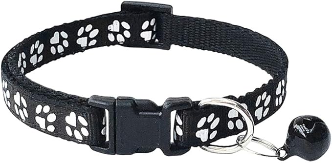 CHBORCHICEN 2-Pack Footprint & Reflective Cat Collar with Bell Basic Dog Cat Collar Buckle Adjustable Polyester Cat Dog Collar or Seatbelts (X-Small, Black)