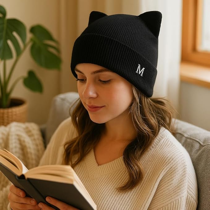 Cat Ear Beanie for Women Girls, Autumn Winter Knit Cuff Beanie Hip Hop Beanie Hat Cat Crochet Ski Cap