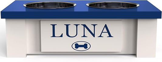 GrooveThis Woodshop - Personalized Elevated Dog Bowl Stand for Large, Medium, Small, X-Small Dogs - Stainless Steel Food and Water Bowls - Raised Dog Dish with Internal Storage (X-Small, Blue)