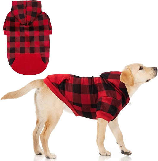 KOOLTAIL Plaid Dog Hoodie for Small Medium Large Dogs - Pet Clothes Sweater with Hat and Pocket for Cold Weather Winter, Warm Soft Hooded Sweatshirt Coat Outfit for Puppy Cats Girls Boys Red XXL