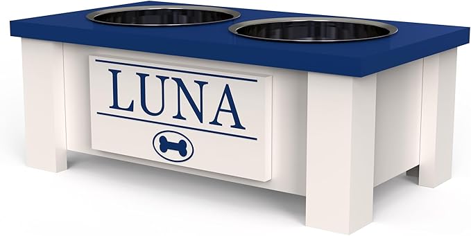 GrooveThis Woodshop - Personalized Elevated Dog Bowl Stand for Large, Medium, Small, X-Small Dogs - Stainless Steel Food and Water Bowls - Raised Dog Dish with Internal Storage (Small, Blue)