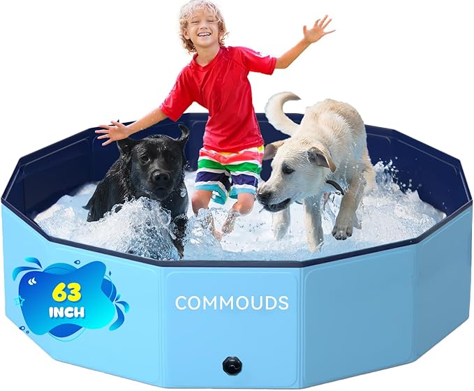 COMMOUDS Foldable Dog Pool, Collapsible Hard Plastic Dog Kiddie Swimming Pool, Portable Pet Bath Tub Wading Pools for Kids and Puppy Small Medium Large Dogs(63inch.D x 12inch.H)