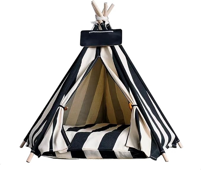 Cat Teepee Tent Bed,Outdoor Indoor Dog House,Portable Washable Pet Tent for Small Dogs with Cushion,Inside Pet Teepee for Small Medium Animals (Black White, L)