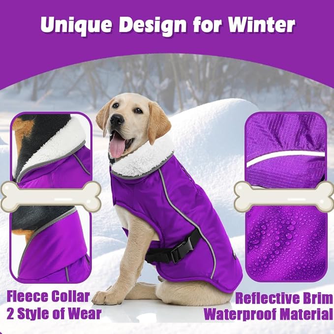EMUST Winter Dog Jacket, Windproof Dog Apparel for Cold Weather, Reflective Coats for Dogs, Warm Puppy Jacket for Cold Winter, Purple, S