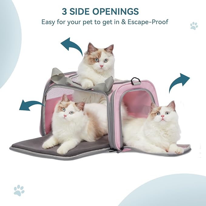 Airline-Approved Cat Carrier 17.5×10.5×10.5 in, Escape-Proof Design with Locking Zippers & Safety Leash, Easy-Access 3-Way Entry, Washable Mat, Gift-Ready Holiday Choice for Cats up to 12 lb