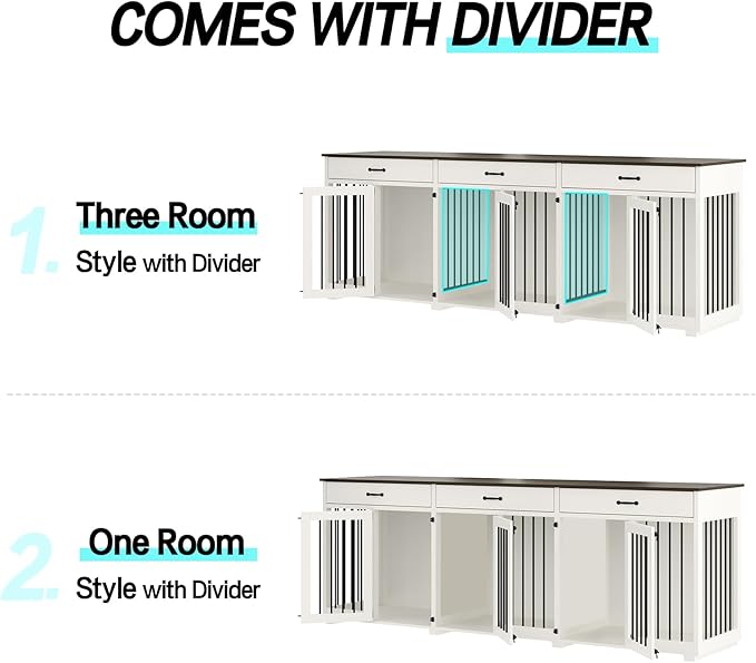 Dog Crate Furniture - Indoor Wooden Dog Kennel Crate Furniture with 2 Dividers, 3 Drawers, and 3 Lockable Doors - 95"x23.6"x31.5"H, White