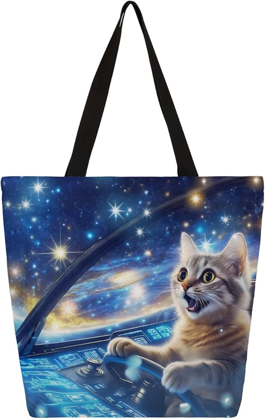 Spaceship Cat Canvas Tote, Multipurpose Shoulder Bag with Unique Sci-Fi Cat Design for Women & Men
