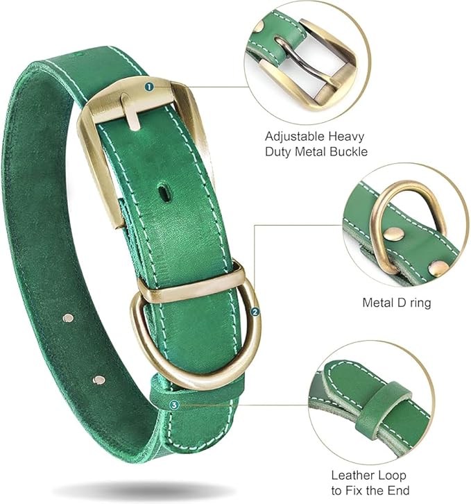 Didog Genuine Leather Dog Collars with Engraved Nameplate, Personalized Soft Leather Dog Collar with Custom ID Tag, Brown/Green/Red for Small Dogs (S,Green)