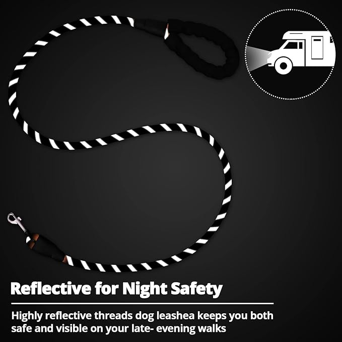 Rope Dog Leash 6 FT: Heavy Duty Leashes with Swivel Lockable Hook Reflective Threads Bungee and Padded Handle - Dog Lead for Large Small Medium Dogs Outside Walking Hiking Black