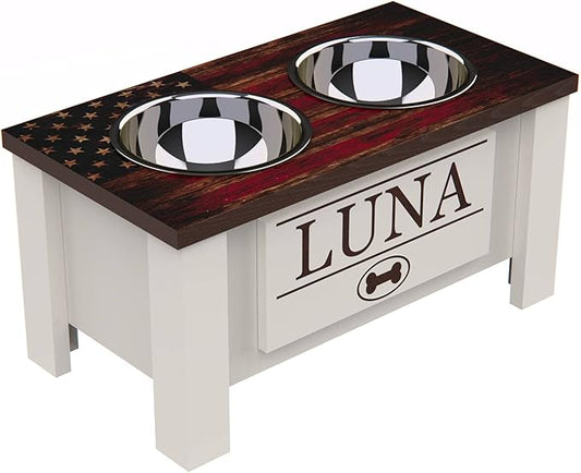 GrooveThis Woodshop - Personalized Elevated Dog Bowl Stand for Large, Medium, Small, X-Small Dogs - Stainless Steel Food and Water Bowls - Raised Dog Dish with Internal Storage (Medium, Flag Design)