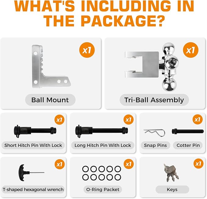 Kingfun Adjustable Trailer Hitch - Fits 2 Inch Receiver, Tri-Ball (1-7/8" X 2" X 2-5/16") 6-Inch Rise/Drop Hitch, 12500 Lbs Gtw Heavy Duty Aluminum Truck Tow Hitch with Anti-Theft Pin (Silver)