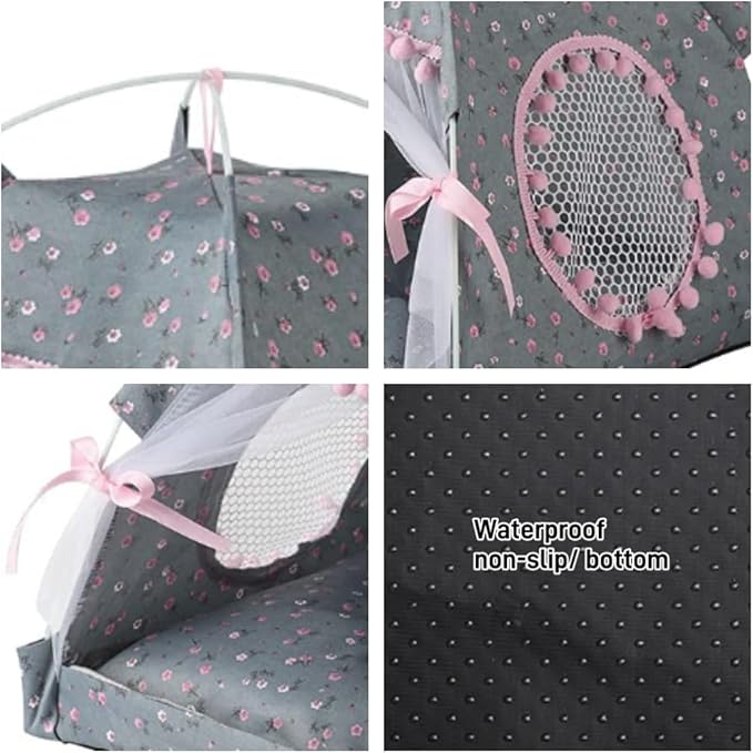 Cat Bed Tents Dog House Indoor Outdoor Lace Mesh Breathable Windows Door Curtains Removable Portable Nest Teepe House (Large,Gray&Pink)