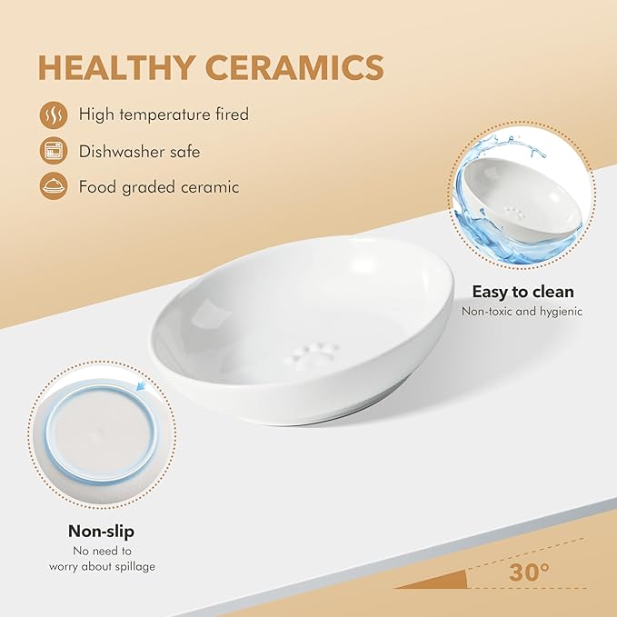 Raised Ceramic Wide Whisker Friendly Cat Dishes, Food& Water Bowl with 2 Style Stand Adjustable Raised Pet Bowl Set(2Dish+2Shallow Dish+Stand, White
