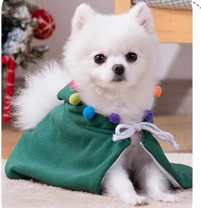 ANIAC Pet Christmas Costume - Puppy Cloak With Star and Pompoms, Cat Santa Cape With Hat, Winter Dog Outfit for Cats and Small Dogs (Medium, Green)