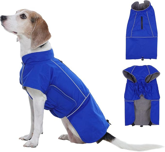 ROZKITCH Raincoat Jacket for Dogs, Waterproof Windproof Dog Rain Jacket with Fleece Liner and Leash Hole Reflective Strip for Medium Large Dog, Adjustable Poncho Vest for Outdoor Hiking Travel Blue L