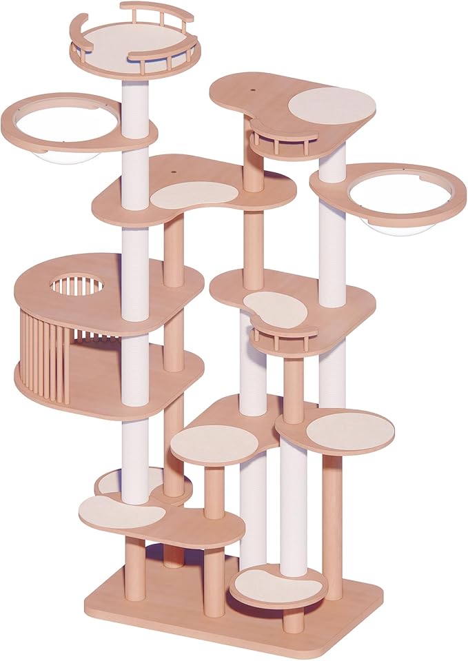 Downpat Cat Tree 84.6" Solid Wood Multi-Level Cat Tower with Condo,Cat Scratching Post,Jumping Space,Furniture Suitable for Cats (with Cat Scratching Mat Pad Anti-Slip Mat)