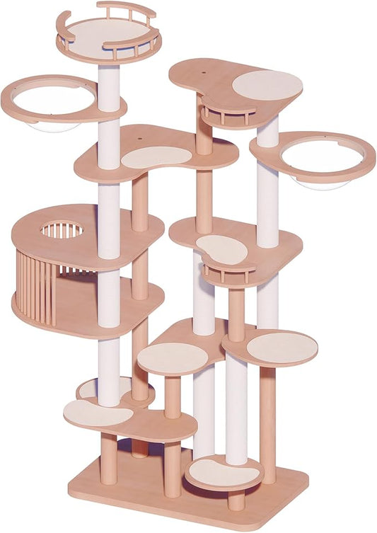 Downpat Cat Tree 84.6" Solid Wood Multi-Level Cat Tower with Condo,Cat Scratching Post,Jumping Space,Furniture Suitable for Cats (with Cat Scratching Mat Pad Anti-Slip Mat)