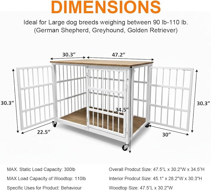 48/42/38 Dog Crate Furniture, Heavy Duty Dog Kennel Indoor for Large Dogs, Escape-Proof and Chew-Proof Wooden Dog Cage for high Anxiety Dog, Decorate House as TV Stand, End Table
