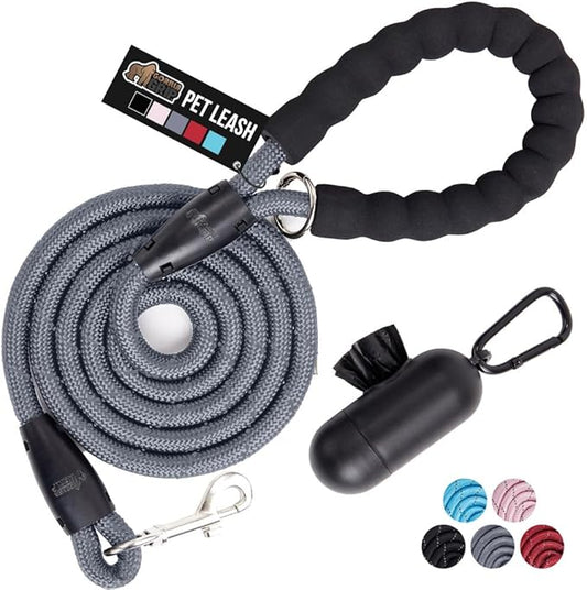 GORILLA GRIP Dog Leash, Heavy Duty Reflective Rope Leashes for Large, Medium, Small Breed Dogs, Puppy Training Essential for Walks, Hikes, Soft Handle, Rotating Metal Clip, Waste Bag Dispenser, Gray