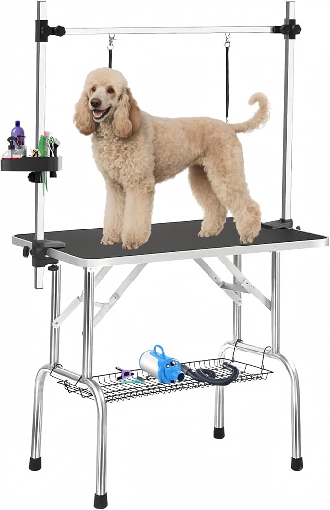 36" Large Dog Grooming Table, Non-Slip Tabletop with Adjustable Armrests, Lasso, Tool Organizer, Grid Tray, Foldable Home Pet Station, Maximum Weight Capacity 330 Ibs,Black