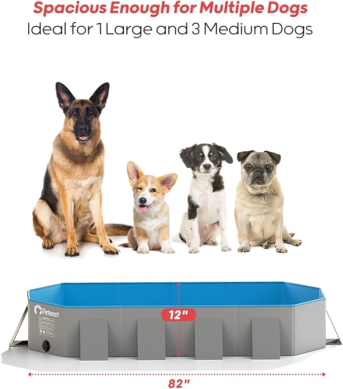 Peteast Foldable Dog Pool with Sturdy Square Design, Durable 82" Lx46 Wx12 D Extra Large Portable Pet Bathtub with Reinforced Sidewalls for Stability, Ideal for Indoor & Outdoor Use (Blue&Gray)