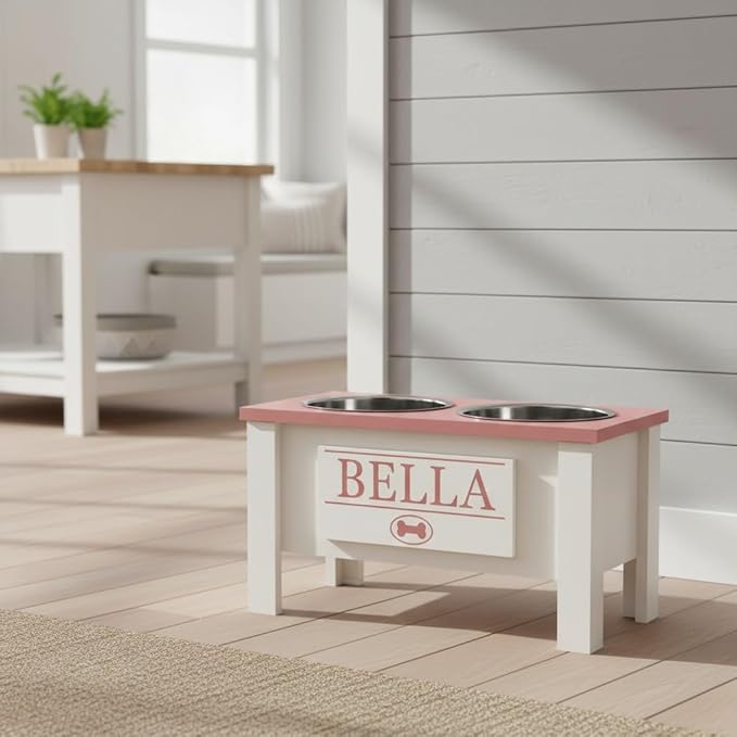 GrooveThis Woodshop - Personalized Elevated Dog Bowl Stand for Large, Medium, Small, X-Small Dogs - Stainless Steel Food and Water Bowls - Raised Dog Dish with Internal Storage (Large, Magenta)