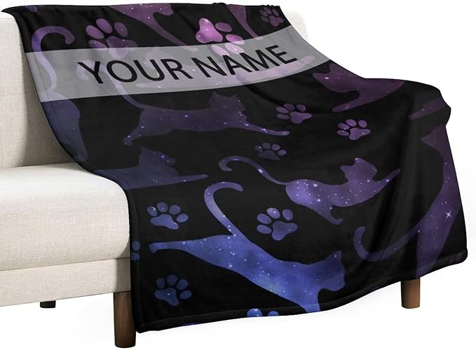 Personalized Cat Blanket Gifts with Name - 30"x40" Cute Throw Blanket for Adults Kids - Black Soft Plush Throws for Bed, Couch & Travel