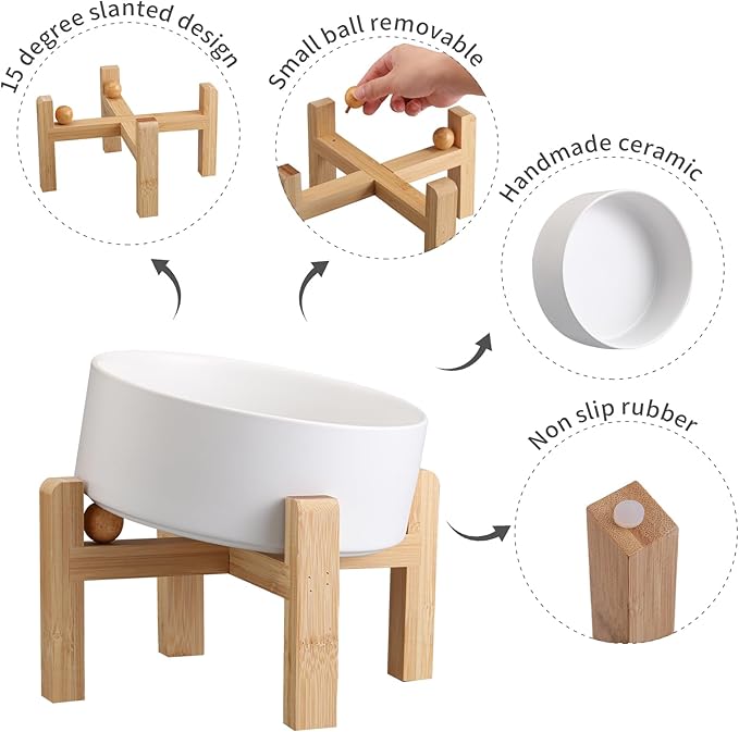 White Elevated/Raised 15°Tilted Anti Slip Ceramic Dog Bowl for Small/Medium Breeds,Slanted Bulldog Big Face Pet Food Water Feeding Dish with Stand for Cats and Dogs (3.6 Cups/28 OZ)