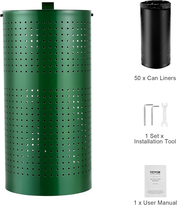 VEVOR Dog Poop Trash Can With 50 Liner Bags, 11.5 Gallons Outdoor Waste Bin With Lid & Liner Clip for Pet Waste Station, Disposal Container for Garden Backyard Park