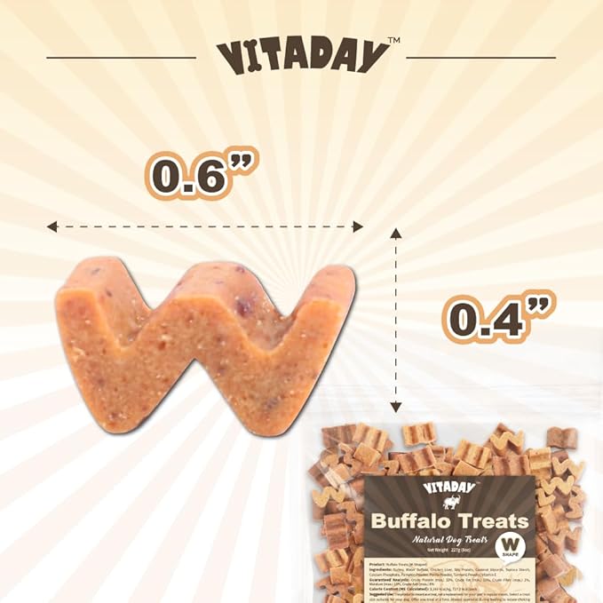 Buffalo Dog Treats W Shaped 8oz, Natural Low-Fat Chews for Training & Rewards, Limited Ingredient, Dogs & Puppies