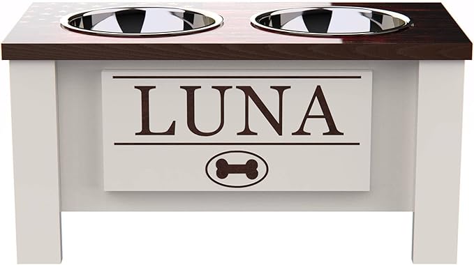 GrooveThis Woodshop - Personalized Elevated Dog Bowl Stand for Large, Medium, Small, X-Small Dogs - Stainless Steel Food and Water Bowls - Raised Dog Dish with Internal Storage (Medium, Flag Design)