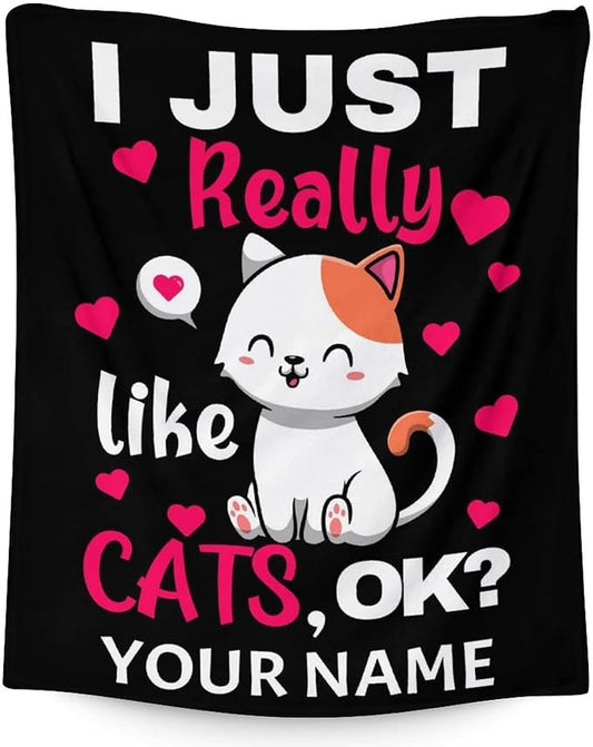 Personalized Cat Blanket Gifts with Name - 50"x60" Cute Throw Blanket for Adults Kids - Pink Soft Plush Throws for Bed, Couch & Travel