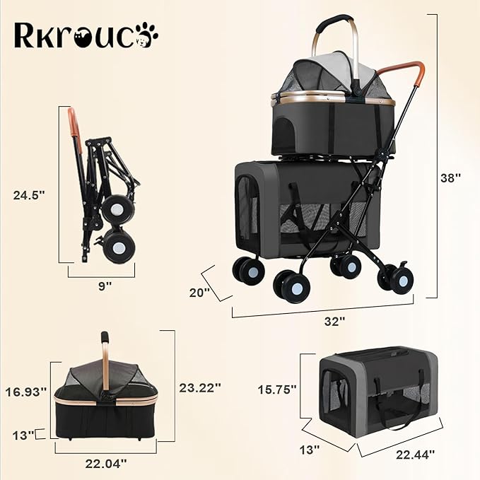 Foldable Double Pets Stroller for Dog Portable Cat Strollers for Small Medium Pet with Detachable Carriers Flexible Lockable Wheels Lightweight Dogs Jogger Strolling Cart Up to 77Lbs (Black)