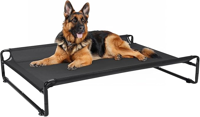 Veehoo Original Outdoor Elevated Dog Bed, Cooling Raised Dog Cot for Large Dogs, Portable Standing Pet Hammock Platform with Washable Breathable Mesh, No-Slip Feet, X-Large, Black, CWC2201