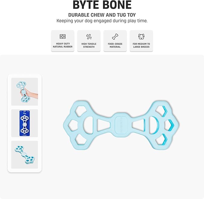 Dog Friendly Co Byte Bone | Tug of War Dog Toy | Chew, Tug & Fetch | Made from Heavy-Duty Rubber for Aggressive Chewers | Interactive Play | Keeps Dogs Active, Strong & Engaged | Blue | 1 Count