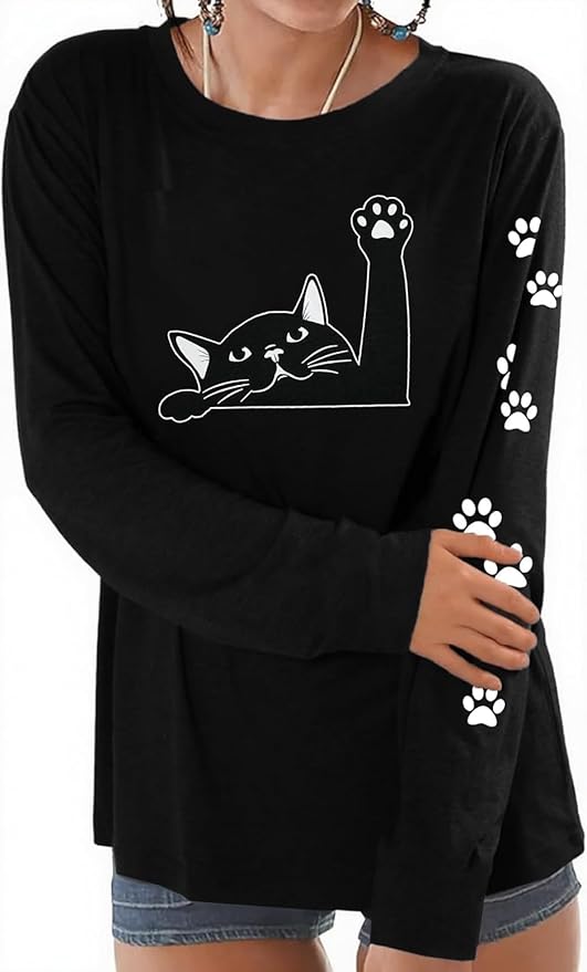 JINTING Cat Shirts for Women - Loose Fit Lightweight Long Sleeve Graphic Tee Fall Printed Crewneck Blouse Casual Tops