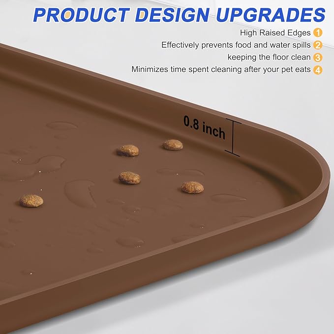 Silicone Pet Feeding Mat with Raised Edge for Food and Water, Dog Bowl Mats, Cat Bowls Placemat with High Lip for Floor Waterproof, Rubber Tray for Cats and Dogs 24 x 16 x0.8 Brown