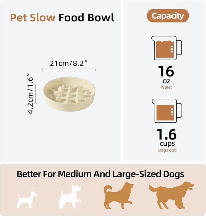 Ceramic 1.6 Cup Dog Bowl Slow Feeder, 8.2 inch Slow Pet Food Dish for Medium and Large Dog, Stop Bloat, Preventing Choking(Single Bowl, Beige)