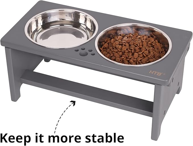 HTB Elevated Dog Bowls, Raised Dog’s Food Stand with 2 Stainless Steel Bowls, Elevated Raised Dog Dishes for Large Medium Small Sized Pet Sturdy Bamboo Food Feeder Natural