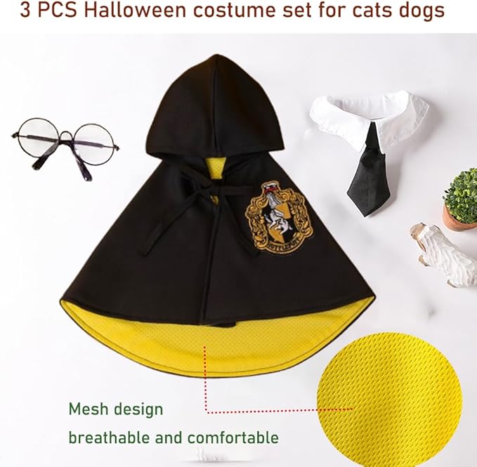 ANIAC 3PCS Halloween Dog Costume Cat Wizard Cape Glasses and Necktie Set Halloween Puppy Outfit Pet Academy Magician Cosplay Apparel for Kitten Cat Small Dogs (Black+Yellow, Medium)