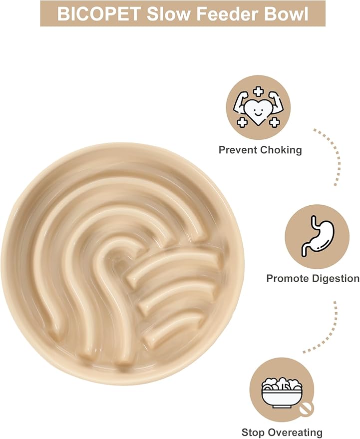 Ceramic Maze Dog Slow Feeder with Non-Slip Silicone Rim (& Bamboo Stand) – Heavy-Duty Stoneware Bowl with Puzzle Pattern for Bloating & Obesity Prevention (Raised-Apricot-S)